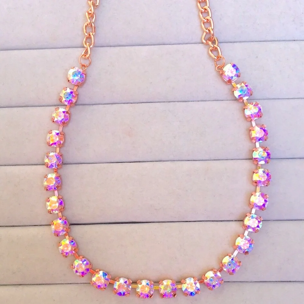Aurora Borealis + Rose Gold Crystal Tennis Statement Necklace